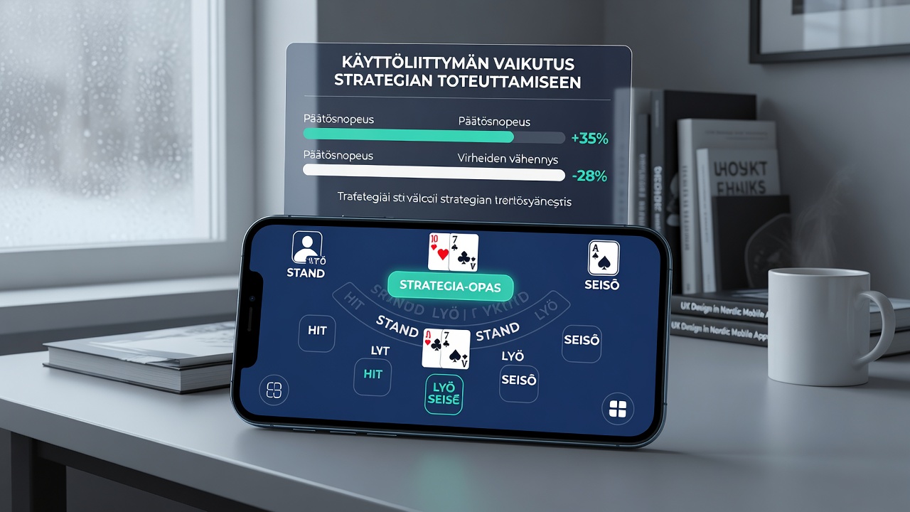 Close-up of Finnish blackjack mobile screen highlighting strategy deviation indicators and touch controls